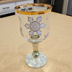 RARE MACKENZIE CHILDS CHRISTMAS SNOWFALL SNOWFLAKE GOLD WINE BAR GLASS GOBLET